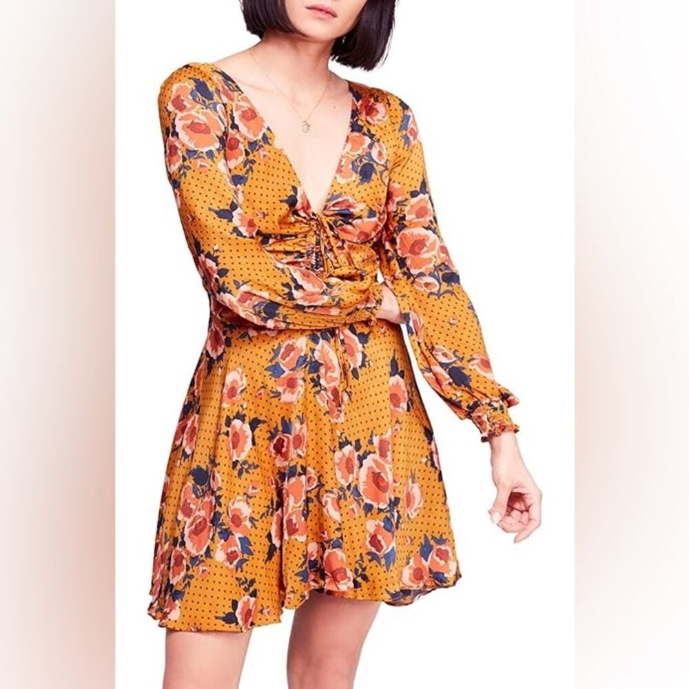 Free People Morning Light Dress Yellow Floral Long Sleeve Size 8